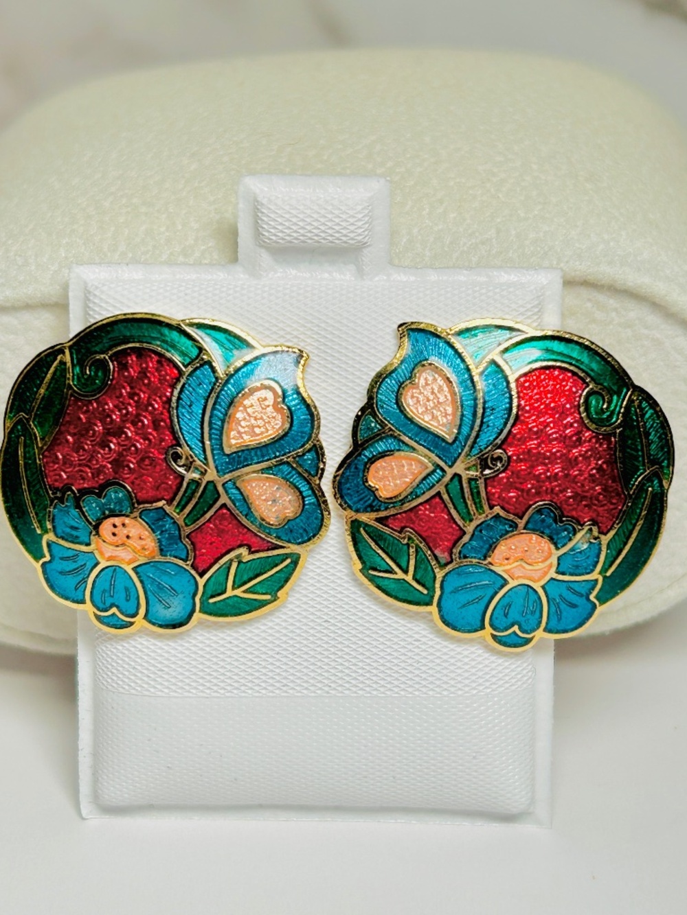 Vintage Classic Cloisonné Butterfly and Floral Enameled Gold Tone Stud Earrings.